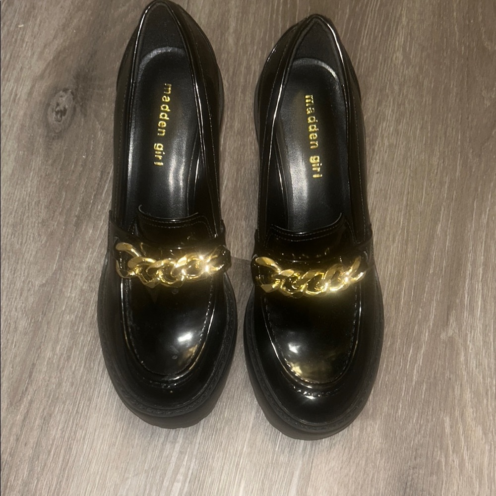 Madden Girl Glossy Black Block Heel Loafers with Gold Accent